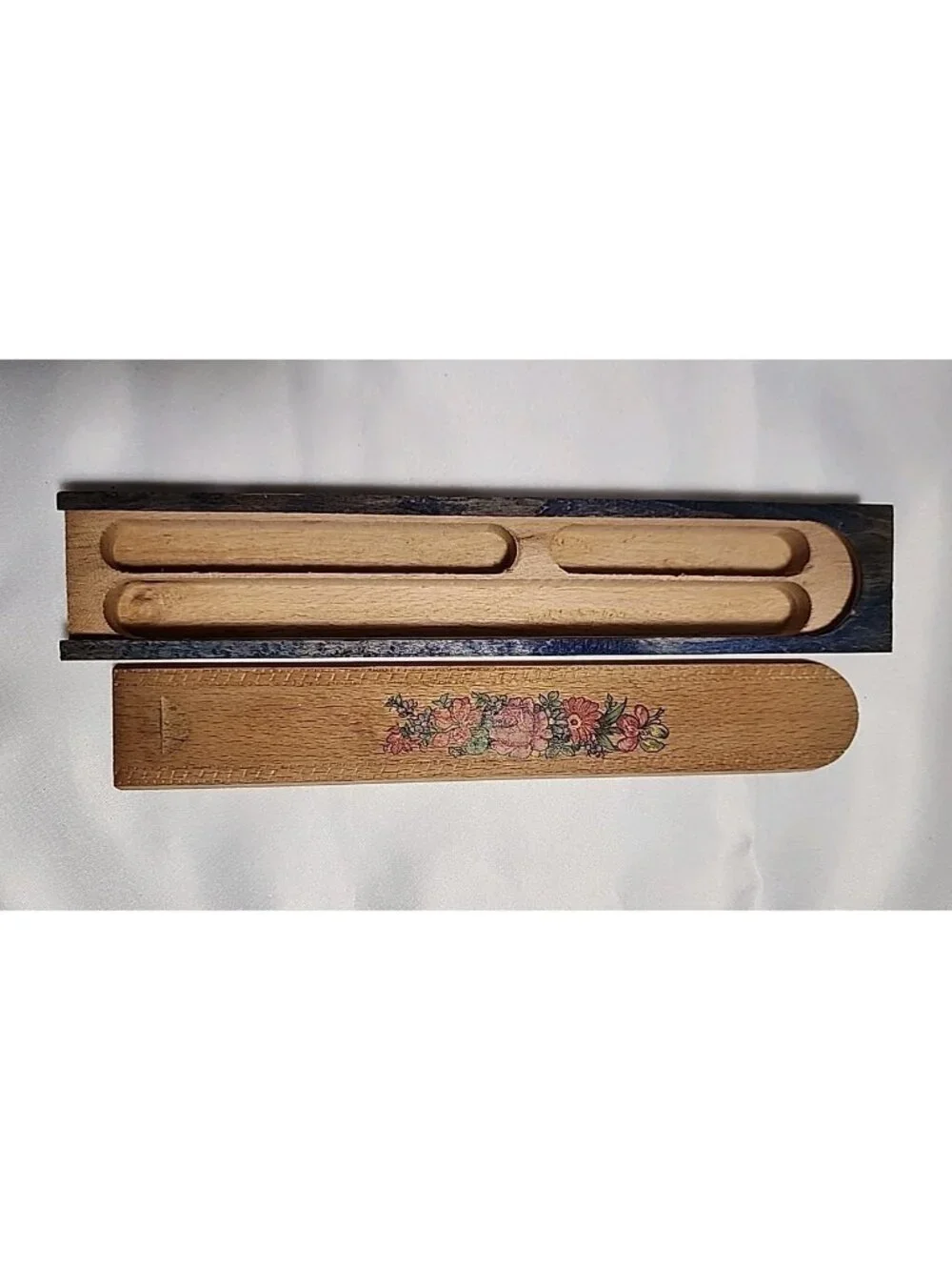 VTG German Wooden Pencil Box Sliding Lid Office Desk Decor Floral Cottagecore